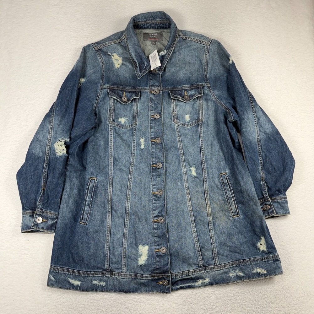 Torrid Denim Jean Long Line Distressed Ripped Jacket Cotton 4 4X 26 NWT 89$ MSRP